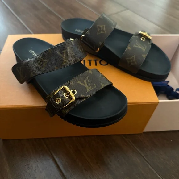Louis Vuitton Bom Dia Black and Brown Monogram Slides - Picture 1 of 3